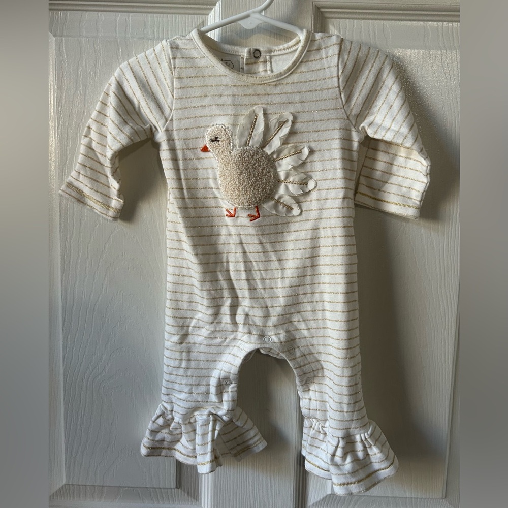 Mud Pie Striped Cream Kids One Piece with Turkey Design and Matching Head band